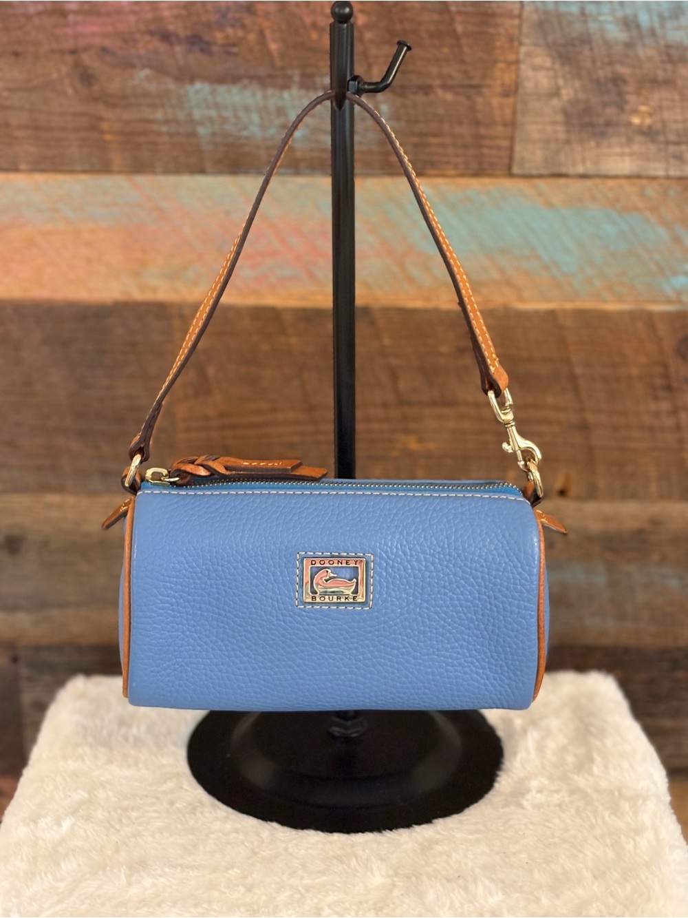 Dooney & Bourke Blue Pebble Leather Mini Barrel Bag with Brown Trim